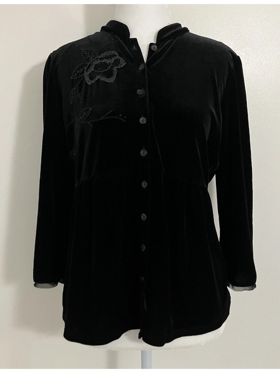 J. Jill Tops - J. Jill Black Velvet Button-Front Top with Tonal Floral Embroidery